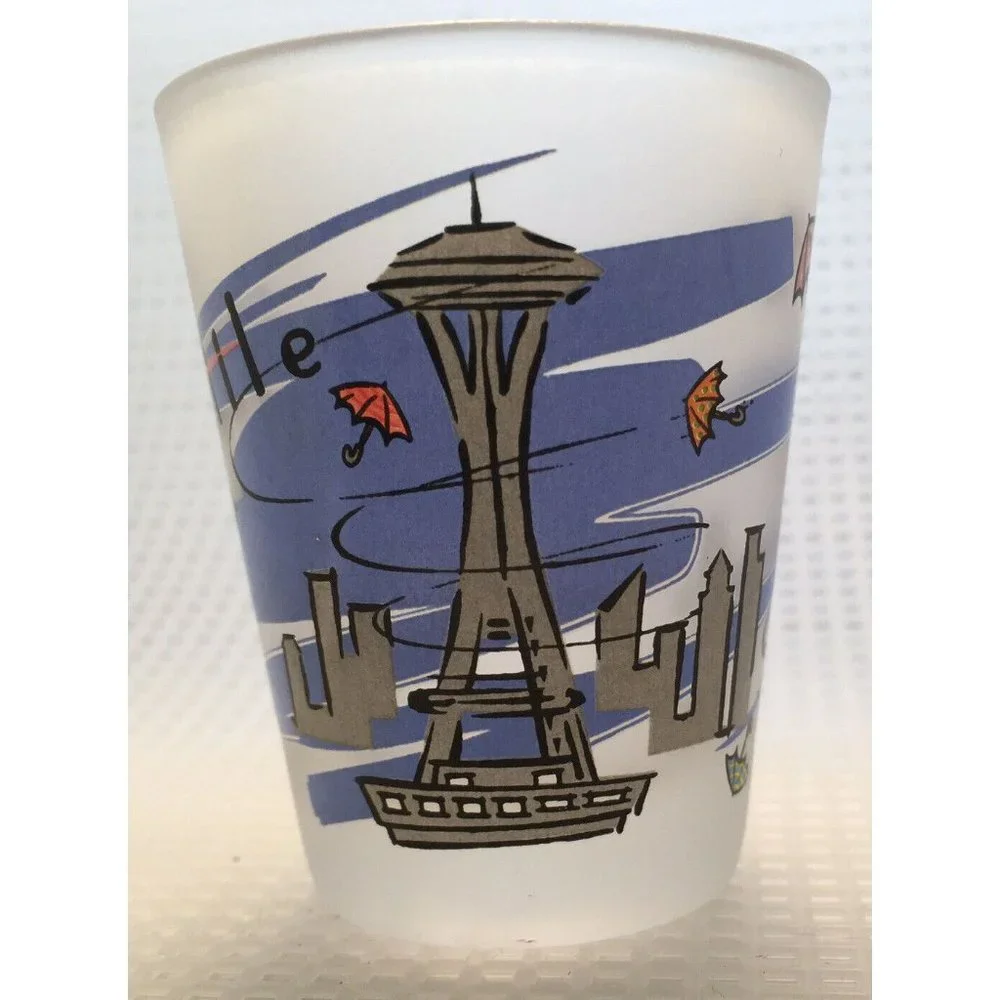 Seattle WA Space Needle Umbrellas Tourist Souvenir Shot Glass Frosted